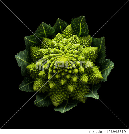 A fresh green Romanesco broccoli floret with detailed texture isolated black background with clipping path. A fresh green Romanesco broccoli floret with detailed texture isolated black background with clipping path. 138948819