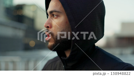 Fitness, face and thinking, man in city on rest from morning workout challenge in hoodie. Relax, breathing and tired athlete on calm urban exercise with fatigue, reflection and outdoor fresh air. Fitness, face and thinking, man in city on rest from morning workout challenge in hoodie. Relax, breathing and tired athlete on calm urban exercise with fatigue, reflection and outdoor fresh air. 138948822