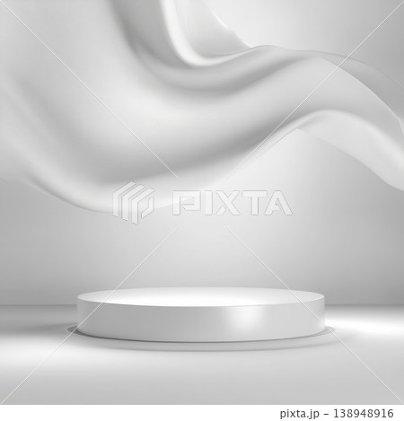 White circular podium shown draped fabric style on white background, concept of cosmetic and perfume advertising style White circular podium shown draped fabric style on white background, concept of cosmetic and perfume advertising style 138948916