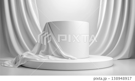 Minimal white podium with flowing fabric in minimalist style on light white background, concept of elegance and presentation Minimal white podium with flowing fabric in minimalist style on light white background, concept of elegance and presentation 138948917