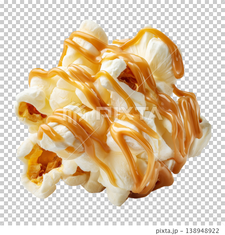Closeup view of golden caramel drizzled popcorn kernel isolated on white background, concept of cinema sweet snack temptation Closeup view of golden caramel drizzled popcorn kernel isolated on white background, concept of cinema sweet snack temptation 138948922