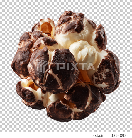 Chocolate coated popcorn kernel closeup isolated on white background, concept of cinema snack indulgence 138948923