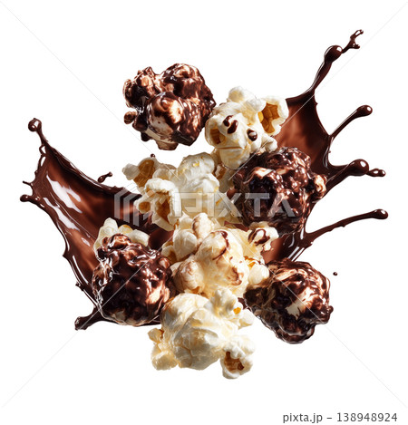 Popcorn kernel pieces with splashing chocolate isolated on white background, conveying sweet cinema snack concept Popcorn kernel pieces with splashing chocolate isolated on white background, conveying sweet cinema snack concept 138948924