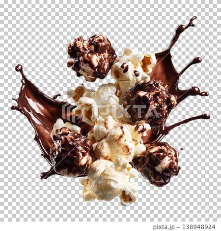 Popcorn kernel pieces with splashing chocolate isolated on white background, conveying sweet cinema snack concept Popcorn kernel pieces with splashing chocolate isolated on white background, conveying sweet cinema snack concept 138948924