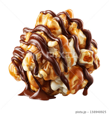 Caramel popcorn kernel coated in rich chocolate, isolated on white background, concept of cinema sweet indulgence Caramel popcorn kernel coated in rich chocolate, isolated on white background, concept of cinema sweet indulgence 138948925