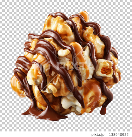 Caramel popcorn kernel coated in rich chocolate, isolated on white background, concept of cinema sweet indulgence 138948925