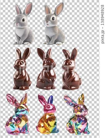 Set of shiny foil bunnies, grey rabbits, and chocolate bunny figures, isolated on white background, Set of shiny foil bunnies, grey rabbits, and chocolate bunny figures, isolated on white background, 138948928