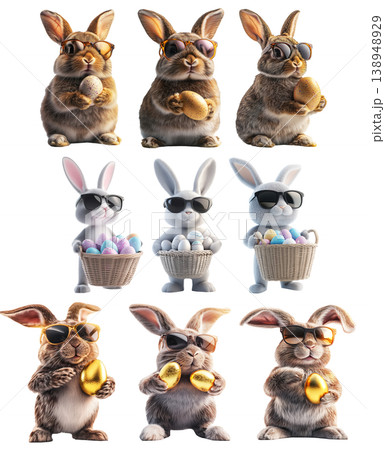 Set of Easter bunny wearing sunglasses, holding wicker basket filled with colorful decorated eggs isolated on white background Set of Easter bunny wearing sunglasses, holding wicker basket filled with colorful decorated eggs isolated on white background 138948929