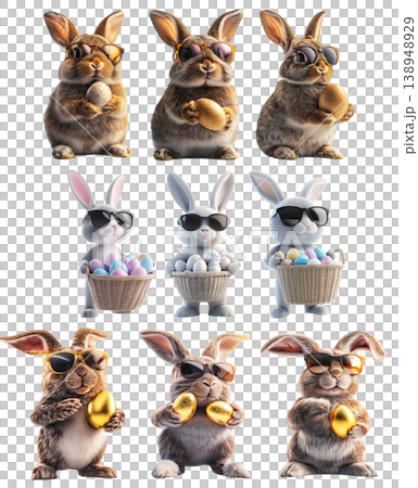 Set of Easter bunny wearing sunglasses, holding wicker basket filled with colorful decorated eggs isolated on white background Set of Easter bunny wearing sunglasses, holding wicker basket filled with colorful decorated eggs isolated on white background 138948929