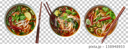 Traditional Vietnamese Pho soup with beef, rice noodles, chili, and lime isolated on white background, Asian cuisine 138948933