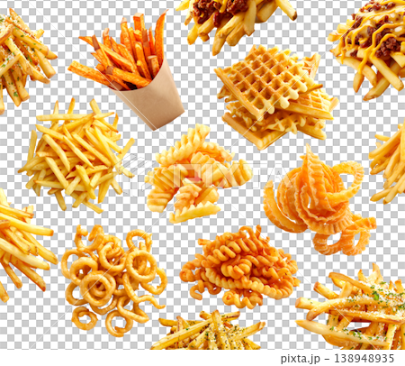 Various styles of fried potato snacks isolated on white background, representing fast food variety 138948935