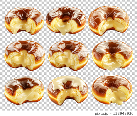 Cream-filled donut with chocolate glaze, isolated on white transparent background. Concept of sweet dessert snack 138948936
