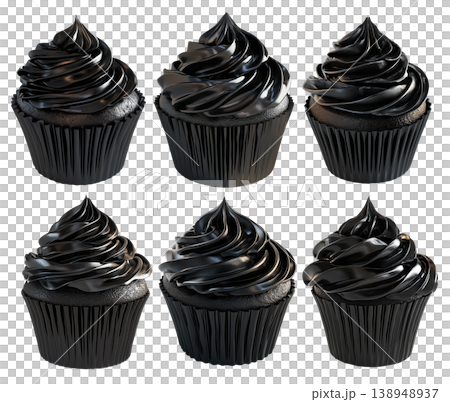 Cupcake with rich glossy black chocolate frosting and black wrapper, isolated on white transparent background Cupcake with rich glossy black chocolate frosting and black wrapper, isolated on white transparent background 138948937