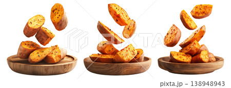 Set of baked or roasted sweet potato wedges with herbs and spices, isolated on white background, concept of healthy homemade snack Set of baked or roasted sweet potato wedges with herbs and spices, isolated on white background, concept of healthy homemade snack 138948943