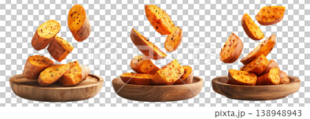 Set of baked or roasted sweet potato wedges with herbs and spices, isolated on white background, concept of healthy homemade snack Set of baked or roasted sweet potato wedges with herbs and spices, isolated on white background, concept of healthy homemade snack 138948943