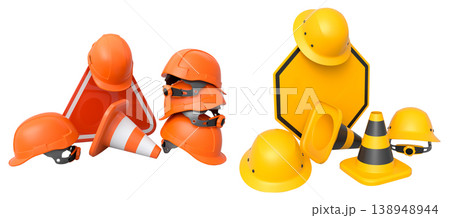 Construction hard hats, traffic cones, and road signs isolated on white background with clipping path, concept of safety gear Construction hard hats, traffic cones, and road signs isolated on white background with clipping path, concept of safety gear 138948944