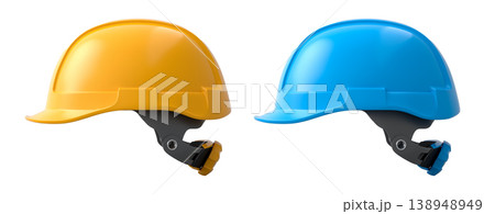 Set of construction safety helmets isolated on white transparent background, symbolizing safety and industry standards Set of construction safety helmets isolated on white transparent background, symbolizing safety and industry standards 138948949