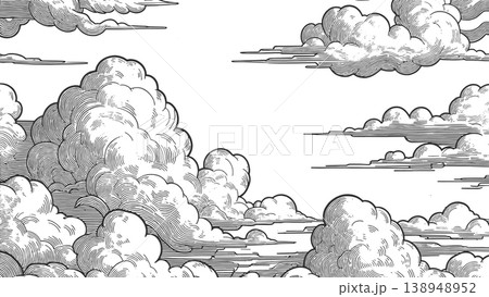 Vintage Engraved Blue Clouds Stretching Across Sky Vintage Engraved Blue Clouds Stretching Across Sky 138948952