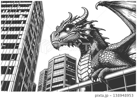 Giant Dragon Towering Over Modern City Buildings Giant Dragon Towering Over Modern City Buildings 138948953