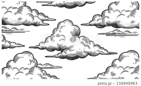 Vintage Engraved Blue Clouds Stretching Across Sky Vintage Engraved Blue Clouds Stretching Across Sky 138948963