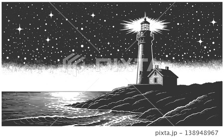 Lighthouse Shining Under Starry Night Coastal Lighthouse Shining Under Starry Night Coastal 138948967