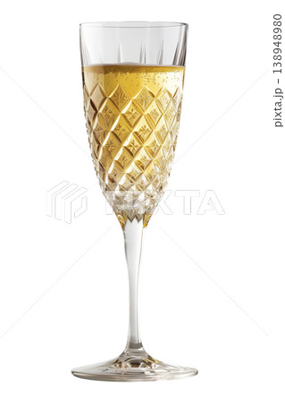A crystal champagne glass flute filled with bubbly golden drink isolated on white background, concept celebration A crystal champagne glass flute filled with bubbly golden drink isolated on white background, concept celebration 138948980
