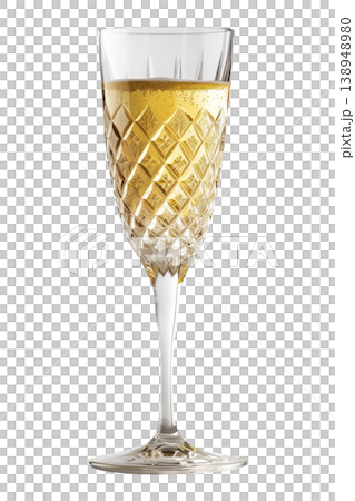 A crystal champagne glass flute filled with bubbly golden drink isolated on white background, concept celebration A crystal champagne glass flute filled with bubbly golden drink isolated on white background, concept celebration 138948980