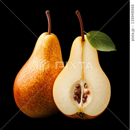Whole pear and sliced pear isolated on black backdrop with clipping path, concept of freshness and nutrition and healthy eating 138948988