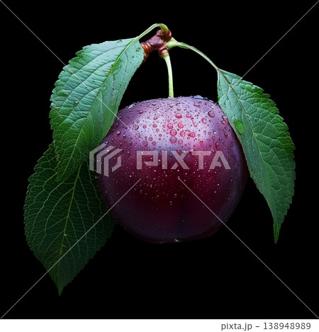 Ripe plum covered with water droplets and green leaves isolated on black background with clipping path, concept of freshness 138948989