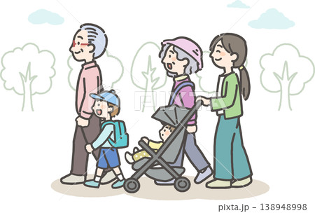 自然の中で赤ちゃんが乗ったベビーカーを押すお母さんと、老夫婦と子ども 138948998