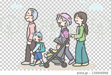 自然の中で赤ちゃんが乗ったベビーカーを押すお母さんと、老夫婦と子ども 138948998