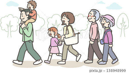 自然の中をお出かけする三世代家族 138948999