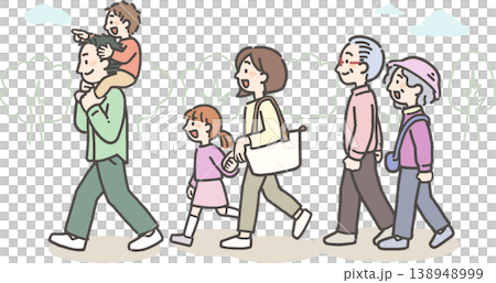 自然の中をお出かけする三世代家族 138948999