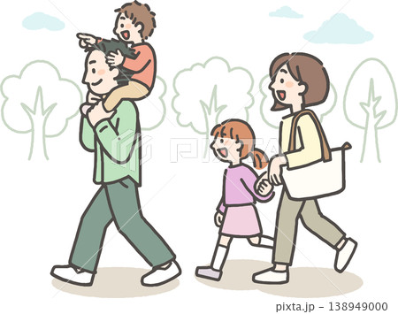 自然の中をお出かけする若い両親と子どもたちの4人家族 138949000