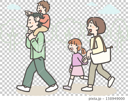 自然の中をお出かけする若い両親と子どもたちの4人家族 138949000