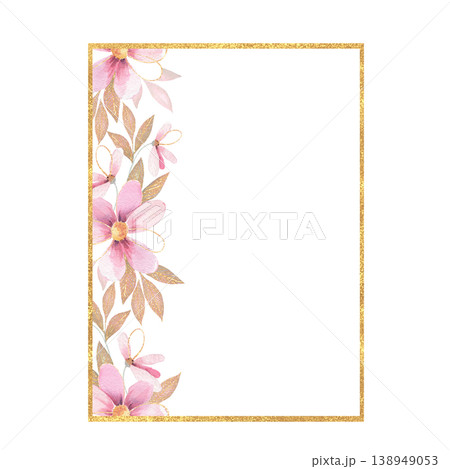 Gold rectangular frame with watercolor pink flowers. Vertical glitter border. Botanical illustration. Hand drawn aesthetic. Gold rectangular frame with watercolor pink flowers. Vertical glitter border. Botanical illustration. Hand drawn aesthetic. 138949053