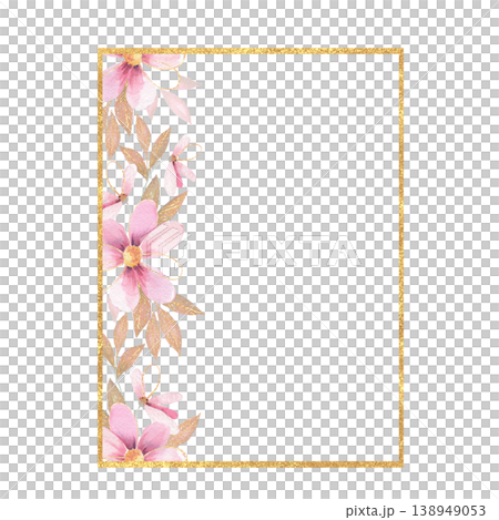 Gold rectangular frame with watercolor pink flowers. Vertical glitter border. Botanical illustration. Hand drawn aesthetic. 138949053