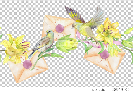 Seamless border of the bird sitting on the lily and flying bird with envelope on a background. Handmade watercolor illustration. For packaging design, cards, cover, prints, product labels and fabric. 138949100