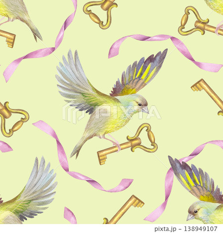 Seamless pattern of bird with the vintage key and pink ribbon on a light yellow background. Handmade watercolor illustration. For packaging design, cards, cover, prints, product labels and fabric. Seamless pattern of bird with the vintage key and pink ribbon on a light yellow background. Handmade watercolor illustration. For packaging design, cards, cover, prints, product labels and fabric. 138949107