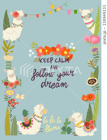 Cute Cartoon Frame with Cute Alpacas and Flowers Cute Cartoon Frame with Cute Alpacas and Flowers 138949131