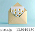 Beige color. Post envelope with chamomile flowers decoration. Greeting message. Mockup design. 138949180