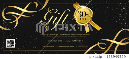 高級感のある黒と金のギフト券テンプレート - 輝くリボンとキラキラの背景 138949529