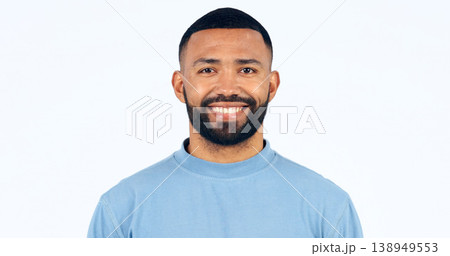 Happy, portrait and man in Brazil, studio and white background and athlete with confidence and pride. Face, smile and person with happiness, optimism and positive mindset for sports with mockup space 138949553