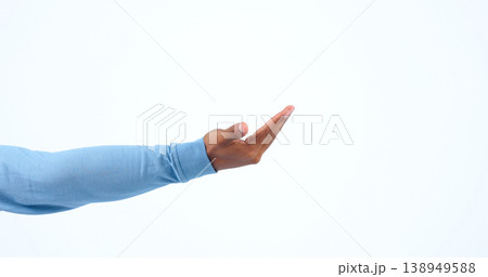 Hand, studio background and come here with a gesture for communication, welcome or greeting. Contact, join and a person or an arm for conversation, support or reaching out on a backdrop for help 138949588