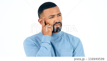 Hands, thinking and confused man in studio with brainstorming, ask or guess gesture on white background. Doubt, face and male model with questions, why or unsure body language, emoji or solution Hands, thinking and confused man in studio with brainstorming, ask or guess gesture on white background. Doubt, face and male model with questions, why or unsure body language, emoji or solution 138949599