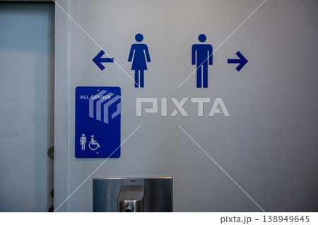 New york, usa august 15,2024. All gender restroom sign with male and female icons on wall, promoting accessibility, inclusivity and equal use public facilities New york, usa august 15,2024. All gender restroom sign with male and female icons on wall, promoting accessibility, inclusivity and equal use public facilities 138949645