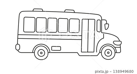 Cute school bus icon, black and white outline vector illustration for kids coloring page. Children transport and education, cartoon line art drawing, isolated clipart on white background Cute school bus icon, black and white outline vector illustration for kids coloring page. Children transport and education, cartoon line art drawing, isolated clipart on white background 138949680