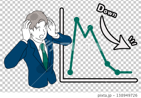 An illustration of a businessman holding his head in his hands over a graph showing declining sales. An illustration of a businessman holding his head in his hands over a graph showing declining sales. 138949726