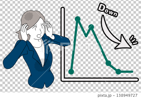 An illustration of a businesswoman holding her head in her hands while looking at a declining graph. An illustration of a businesswoman holding her head in her hands while looking at a declining graph. 138949727