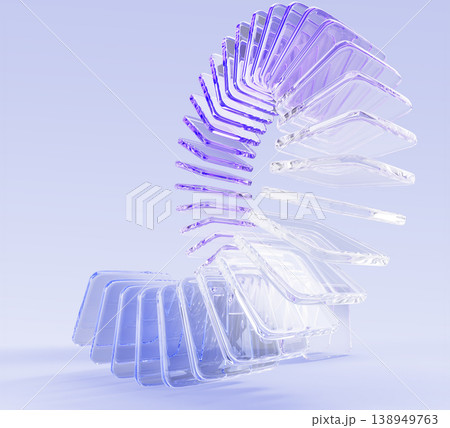 Hologram glass loop line render art, graphic circular array effect. Dynamic flow of transparent square shapes with purple gradient. Abstract curve wave line on light blue background. 3D illustration Hologram glass loop line render art, graphic circular array effect. Dynamic flow of transparent square shapes with purple gradient. Abstract curve wave line on light blue background. 3D illustration 138949763